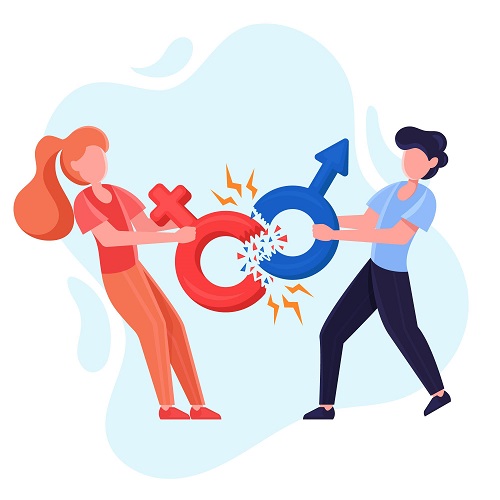Illustration of a man and a woman pulling apart two gender symbols, breaking them apart with force.