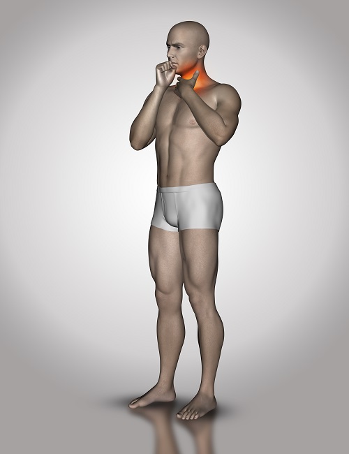 3D illustration of a male figure holding his throat, indicating pain or discomfort.