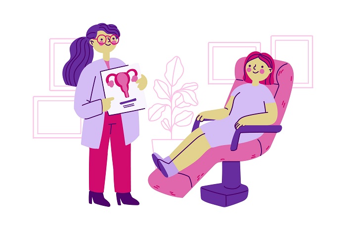 Illustration of a gynecologist holding a uterus diagram while a female patient sits on a medical examination chair.Gynecological Health Checkup Illustration