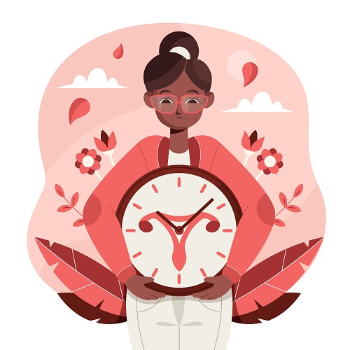Illustration of a woman holding a clock symbolizing a uterus, representing female reproductive health and fertility.