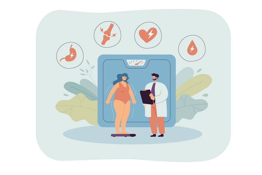 Illustration of an overweight woman discussing health issues with a doctor, with icons showing potential health problems like joint, heart, and stomach pain.