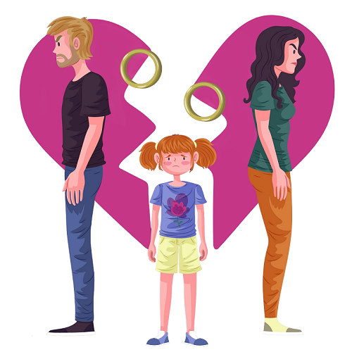 Illustration of a sad child standing between separated parents with a broken heart and wedding rings above them.
