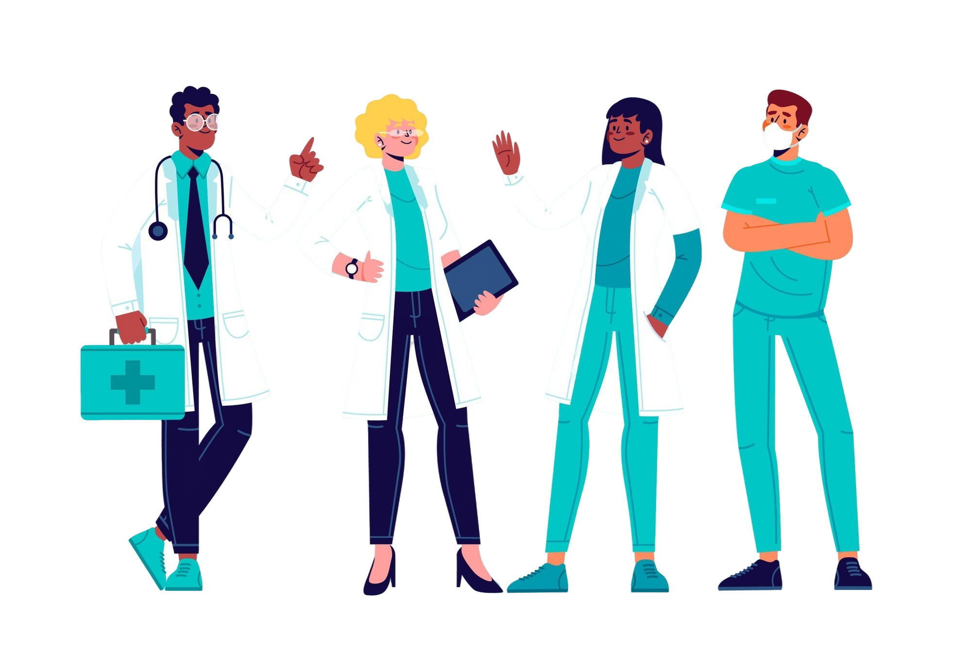 A group of four cartoon-style healthcare professionals, including a doctor with a medical kit, a nurse with a tablet, and others in scrubs.