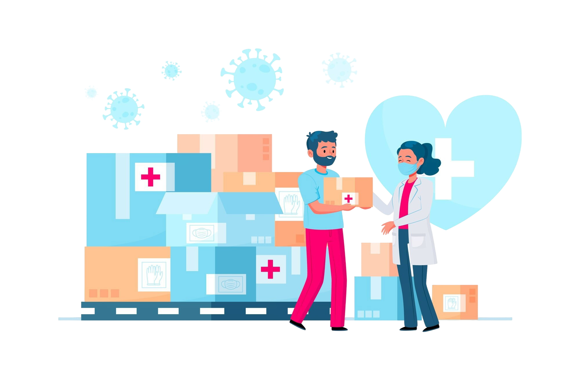 A man handing over a box of medical supplies to a healthcare professional, with a heart symbol in the background and virus icons scattered around.