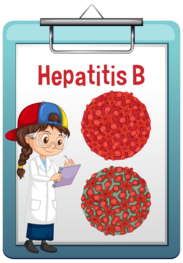 Illustration of a girl in a lab coat studying Hepatitis B virus structure on a clipboard.