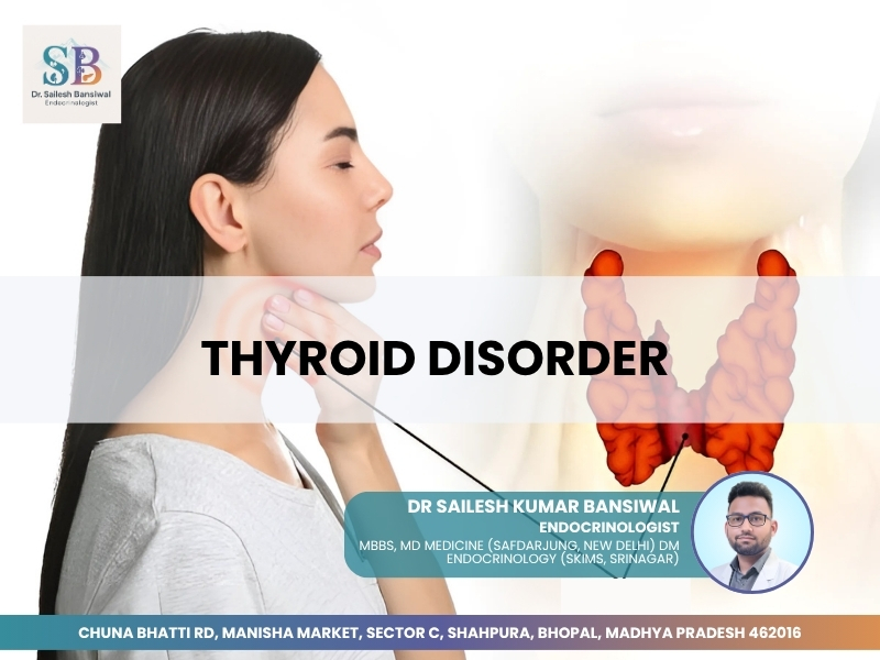 Woman touching her neck with thyroid gland illustration, highlighting thyroid disorder awareness and treatment by Dr. Sailesh Kumar Bansiwal in Bhopal.”