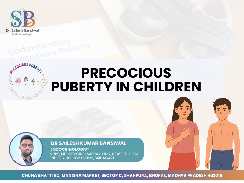 Educational banner about “Precocious Puberty in Children” featuring a young girl and boy with early pubertal changes, along with Dr. Sailesh Kumar Bansiwal’s details as an endocrinologist in Shahpura–Chuna Bhatti, Bhopal