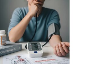 Man measuring sudden high blood pressure at 190/90 with blood pressure monitor, pills, and pheochromocytoma disorders document, illustrating adrenal gland tumor symptoms for pheochromocytoma treatment in Bhopal by endocrinologist in Bhopal