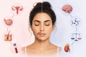 Illustration of a woman with facial hair caused by hirsutism and hormonal imbalance, showing endocrine and reproductive health concepts linked to PCOS and hormone disorders.