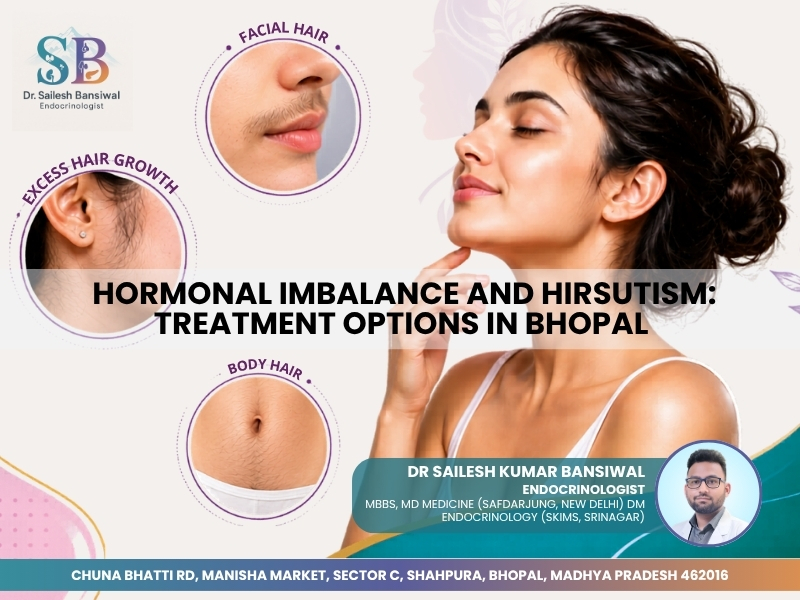Woman with hormonal imbalance and hirsutism awareness design showing facial and body hair growth treatment options in Bhopal.