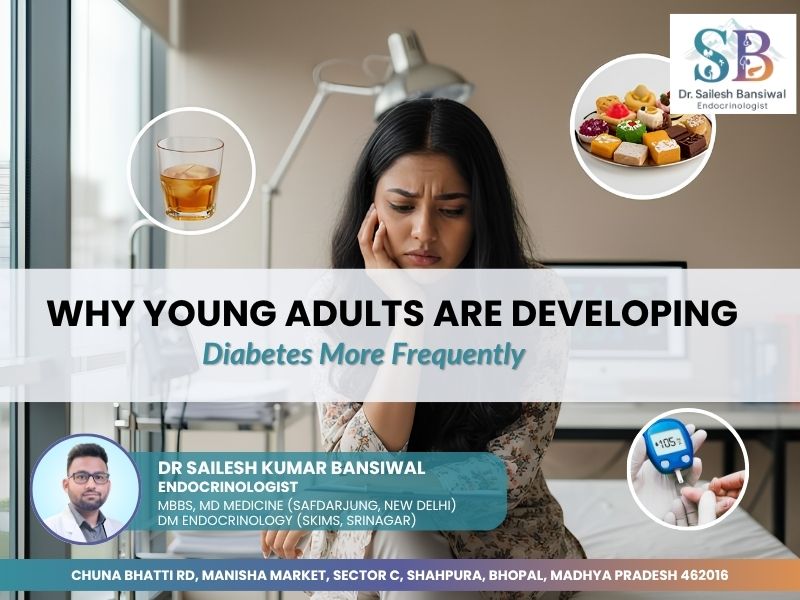 Young woman looking worried while sitting indoors, highlighting the growing risk of diabetes in young adults, with blood sugar testing device and sugary foods shown as diabetes risk factors. Educational graphic by Dr. Sailesh Kumar Bansiwal, Endocrinologist in Bhopal.