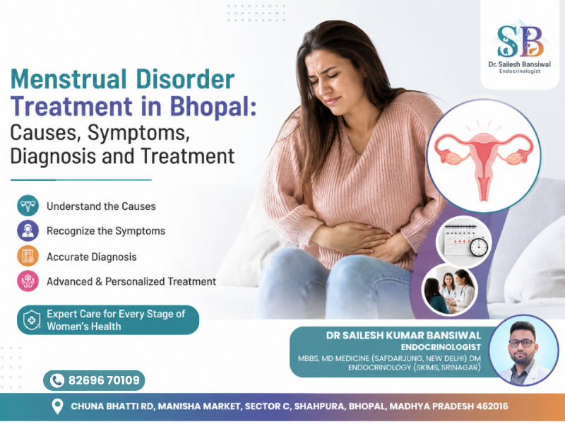 Menstrual Disorder Treatment in Bhopal infographic showing causes, symptoms, diagnosis, and treatment with expert endocrinology care.