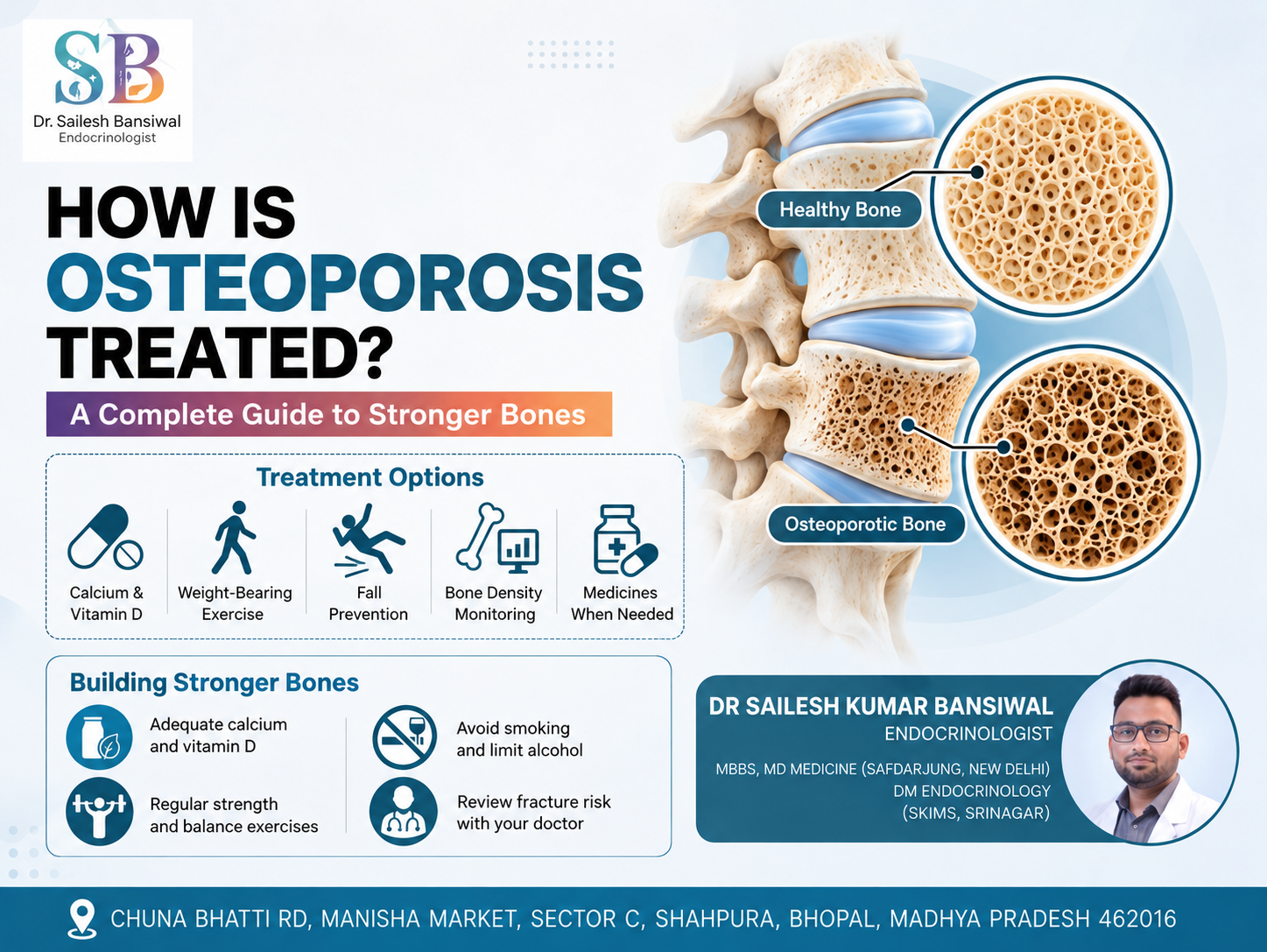 Osteoporosis treatment options including calcium, vitamin D, exercise, fall prevention, and bone density monitoring